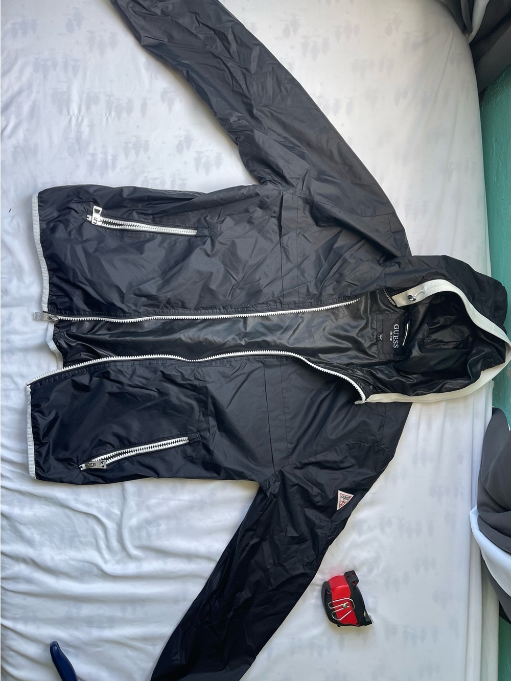 GUESS Black Hooded Windbreaker with White Trim